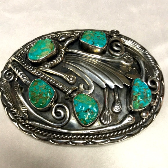 Vintage Navajo Turquoise Sterling Silver Buckle Signed VJB Violet& Jeffrey Begay - Picture 1 of 8